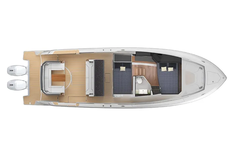 Slide: The Image of Manufacturer Provided Image: Top view of 2023 Tiara Yachts 43 LS layout with twin outboard engines. - 100