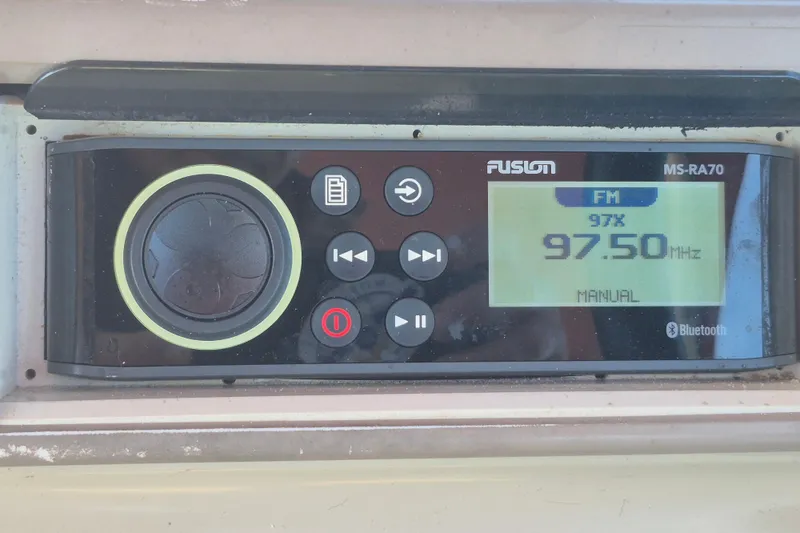 Slide: The Image of Fusion MS-RA70 radio display on a 2012 Bennington 22 SSI, tuned to 97.50 MHz FM. - 18