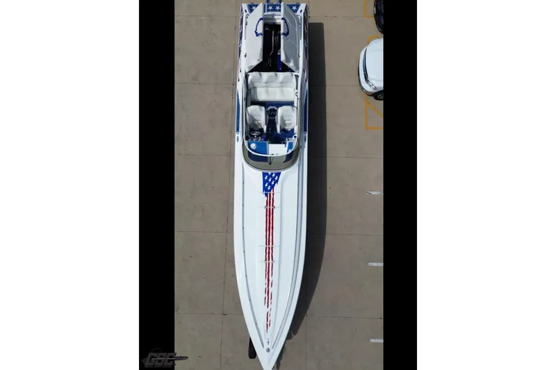 Slide: The Image of Aerial view of 2007 Fountain 42 Lightning speedboat with American flag design. - 13