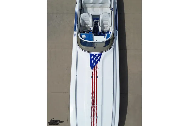 Slide: The Image of 2007 Fountain 42 Lightning boat with American flag design on deck, aerial view. - 14
