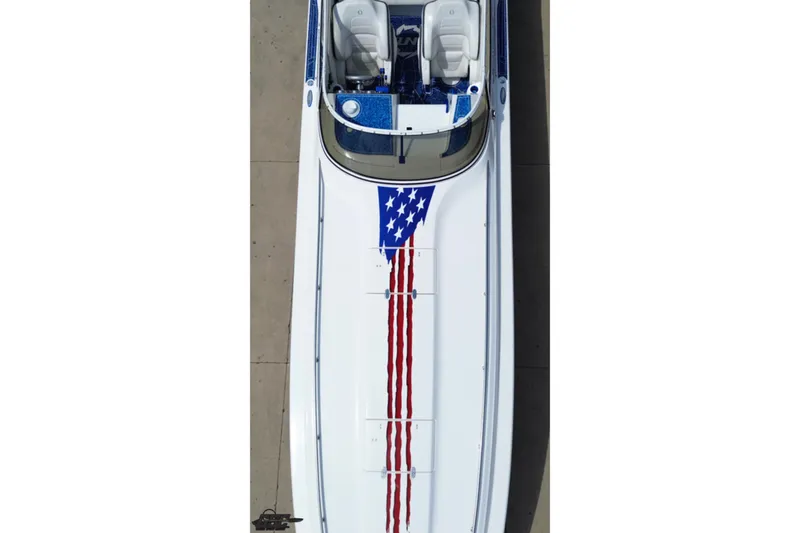 Slide: The Image of 2007 Fountain 42 Lightning boat with American flag design on deck, aerial view. - 66