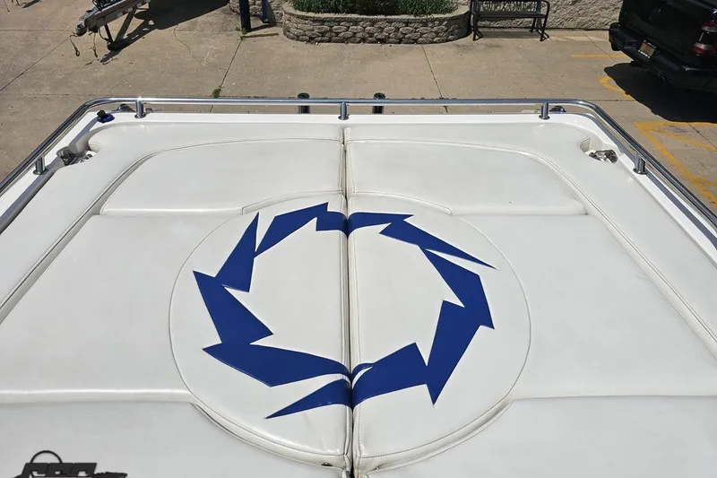 Slide: The Image of 2007 Fountain 42 Lightning boat deck with blue geometric design. - 86