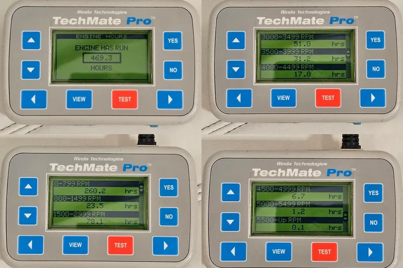 Slide: The Image of TechMate Pro displays engine hours and RPM data for 2007 Fountain 42 Lightning. - 98
