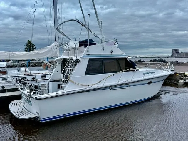 The Image of A white yacht docked at a marina under a cloudy sky. - 0