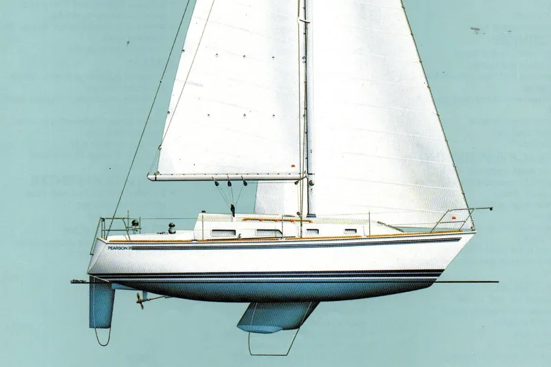 Slide: The Image of 1988 Pearson 31 sailboat illustration with white sails and blue hull. - 56