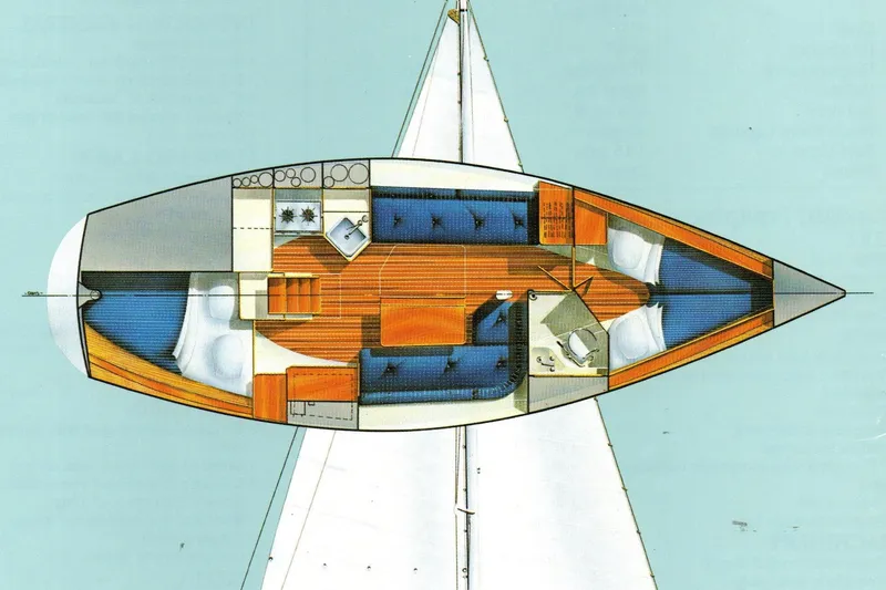 Slide: The Image of 1988 Pearson 31 sailboat interior layout with cabins, galley, and seating areas. - 57