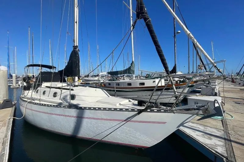 The Image of Custom Bodega 30 sailboat from 1977 docked at a marina under clear blue skies. - 0