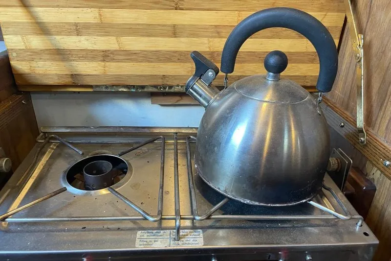 Slide: The Image of Vintage Custom Bodega 30 stove with kettle, wooden backsplash, 1977 model. - 20