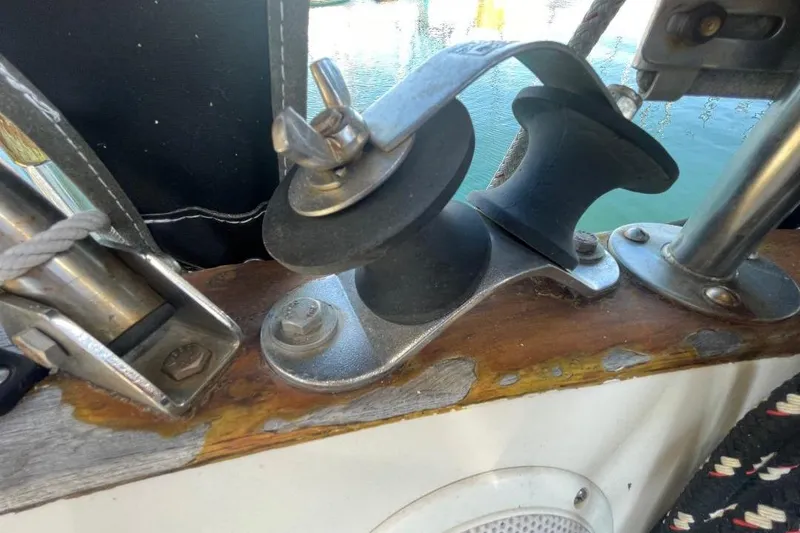 Slide: The Image of Close-up of a 1977 Custom Bodega 30 sailboat's deck hardware and fittings. - 44