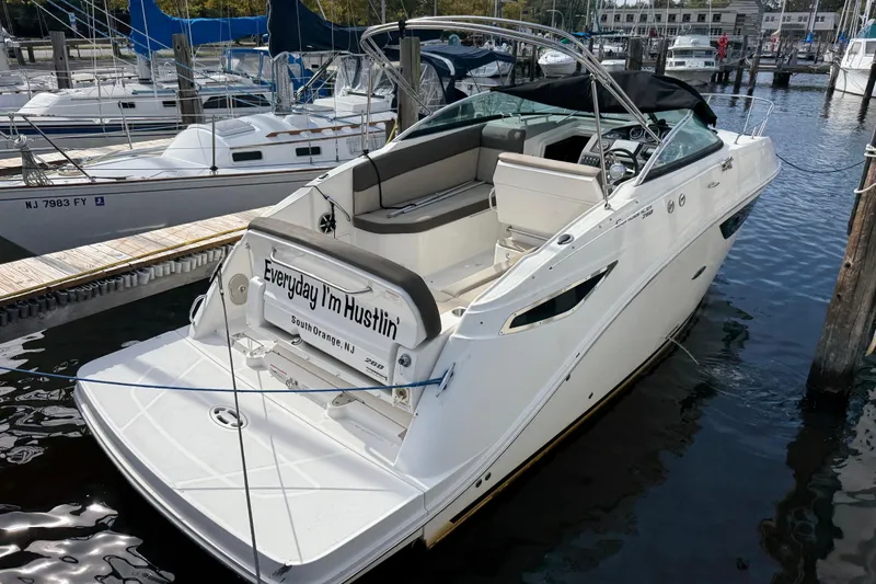 The Image of 2015 Sea Ray 260 Sundancer boat docked, featuring "Everyday I'm Hustlin'" text on the stern. - 0