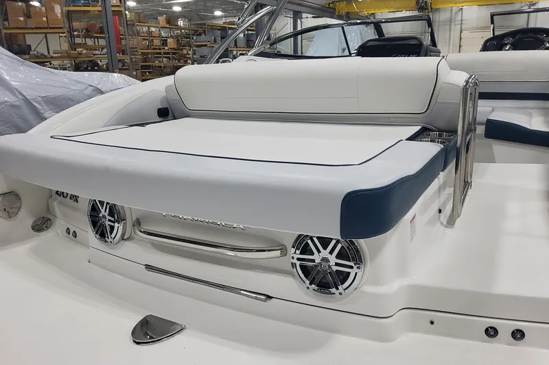 Slide: The Image of 2026 Formula 270 Bowrider boat interior with white seating and stainless steel accents. - 7