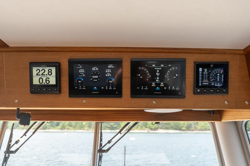 Slide: The Image of Targa 32 GT 2026 dashboard with Garmin navigation displays on a wooden panel. - 33