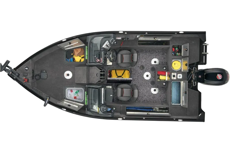 Slide: The Image of 2026 Tracker Pro Guide V-175 WT boat interior with carpeted deck and storage compartments. - 17