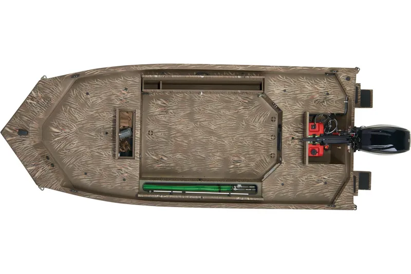 Slide: The Image of 2026 Tracker Grizzly 1654 T Sportsman boat interior with motor, parked outdoors. - 5