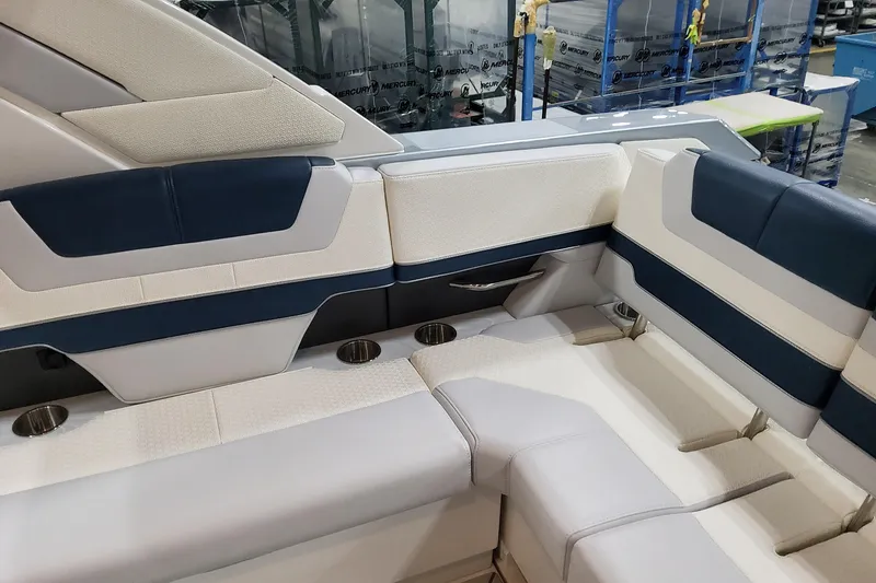 Slide: The Image of Luxurious seating in the 2026 Formula 380 Super Sport Crossover OB boat interior. - 90