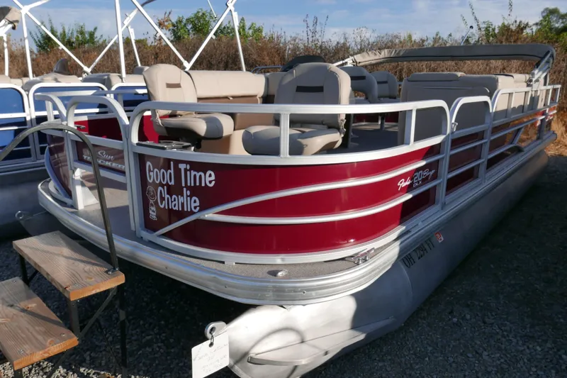 Slide: The Image of 2018 SUNTRACKER Fish N Barge 20 pontoon boat with "Good Time Charlie" signage. - 2