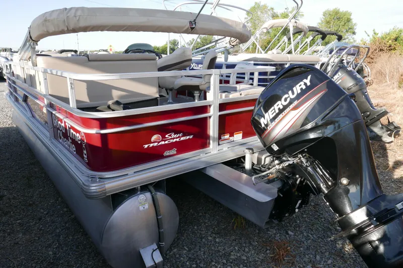 Slide: The Image of 2018 SUNTRACKER Fish N Barge 20 pontoon boat with Mercury outboard motor. - 4