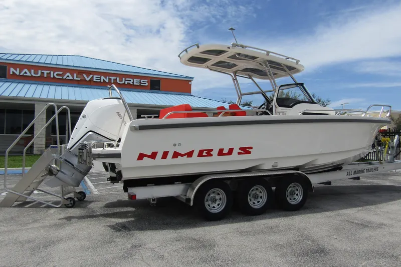 Slide: The Image of 2024 Nimbus T8 boat on trailer at Nautical Ventures dealership. - 3