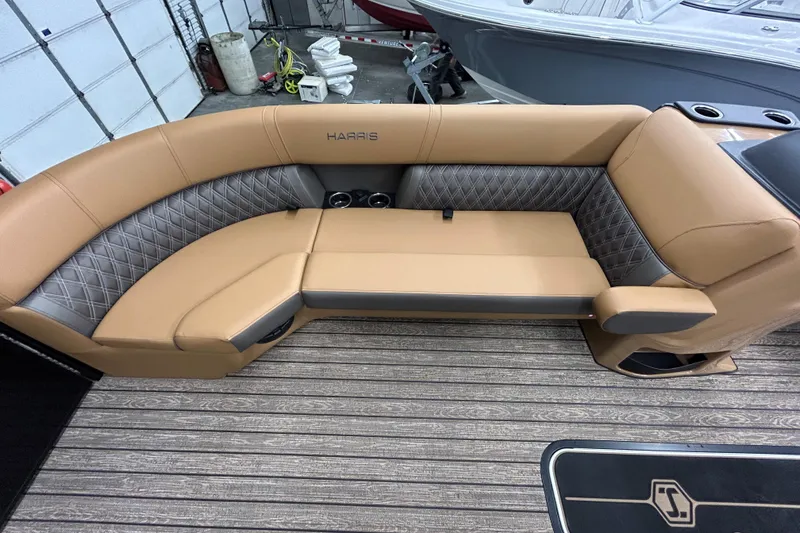 Slide: The Image of 2026 Harris FloteBote Cruiser 230 SL pontoon boat with Mercury engine on trailer. - 4