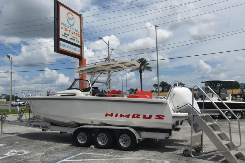 Slide: The Image of 2024 Nimbus T8 boat on trailer at Nautical Ventures dealership. - 1