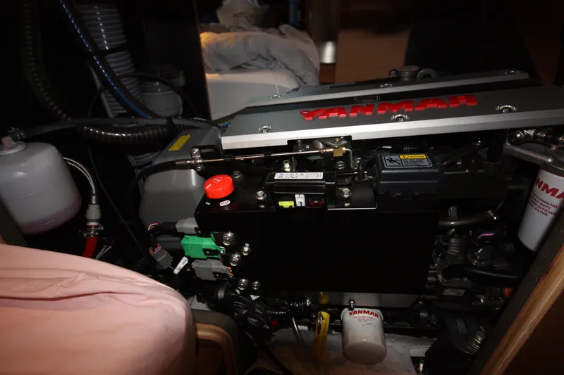 Slide: The Image of Engine compartment of 2022 Jeanneau Sun Odyssey 410 sailboat with Yanmar engine. - 29