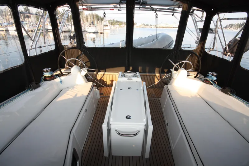 Slide: The Image of Interior view of 2022 Jeanneau Sun Odyssey 410 sailboat cockpit with dual steering wheels. - 6