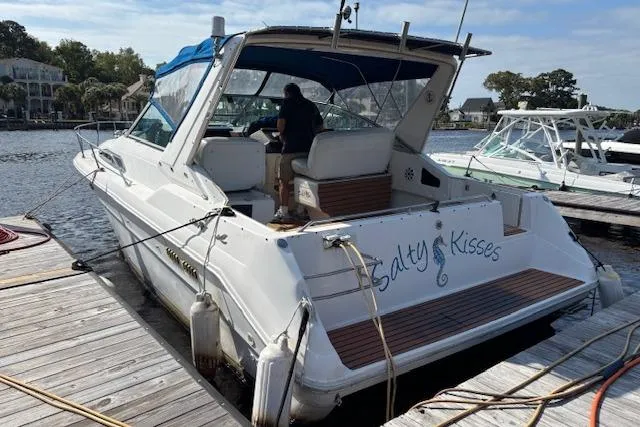 Slide: The Image of 1992 Sea Ray 330 Sundancer docked, named "Salty Kisses," with a person onboard. - 4