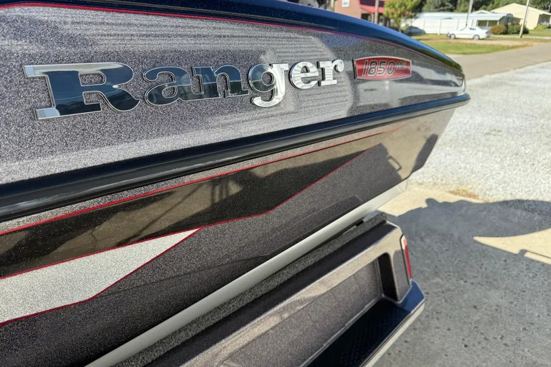 Slide: The Image of 2023 Ranger 1850 Reata boat, close-up of sleek design and logo. - 12