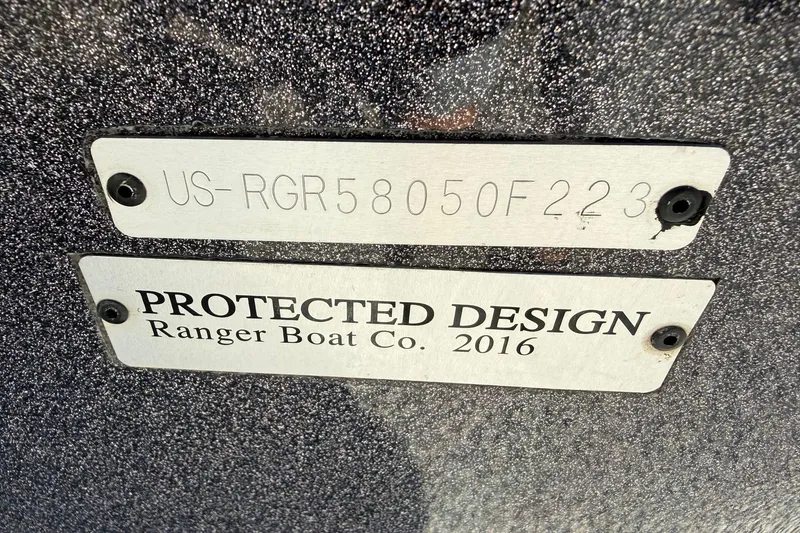Slide: The Image of 2023 Ranger 1850 Reata boat identification and protected design plates. - 5