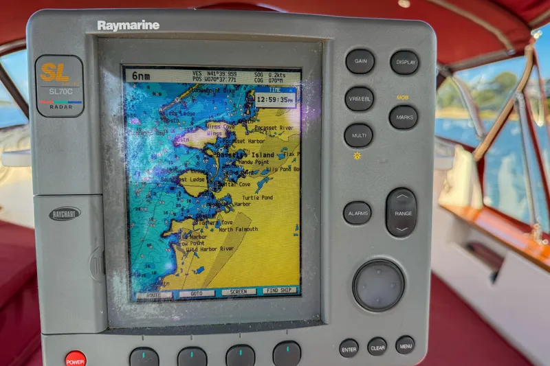 Slide: The Image of Raymarine SL70C radar display on 1989 Island Packet 31 sailboat, showing nautical chart. - 47