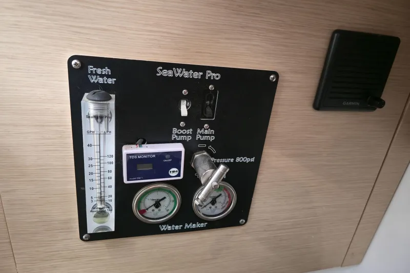 Slide: The Image of Control panel of a 2017 Fountaine Pajot Lucia 40 water maker system. - 57