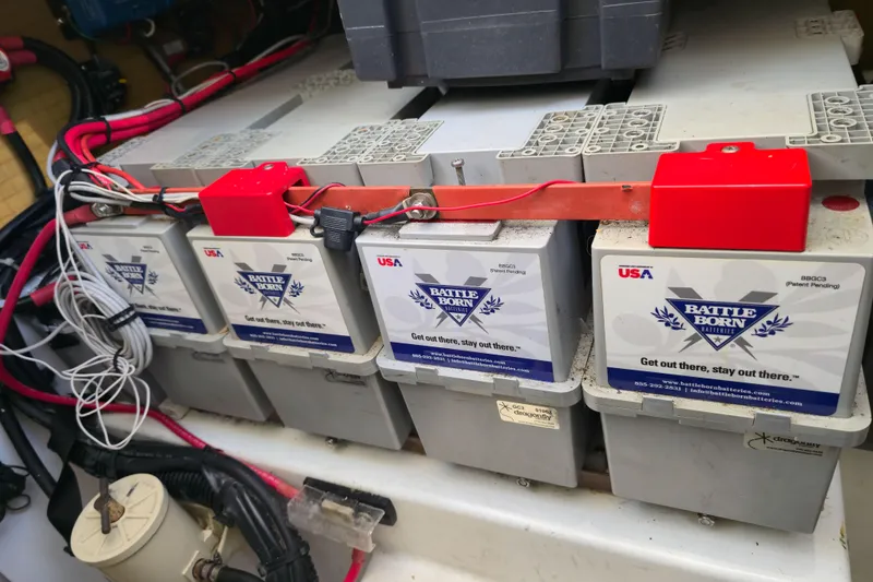 Slide: The Image of Battery setup in a 2017 Fountaine Pajot Lucia 40 catamaran, featuring Battle Born batteries. - 88