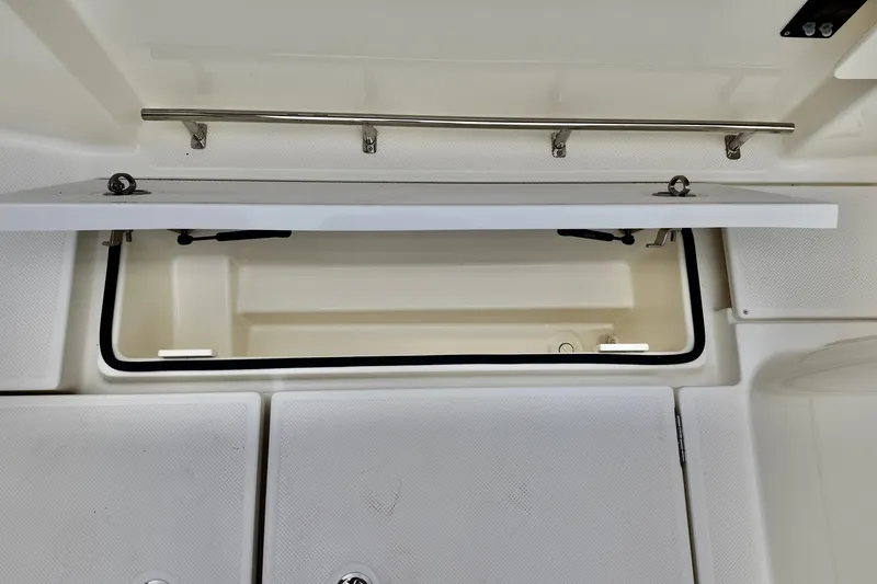 Slide: The Image of 2026 Bayliner Trophy T25 Pilothouse storage compartment with open hatch and stainless steel rail. - 21