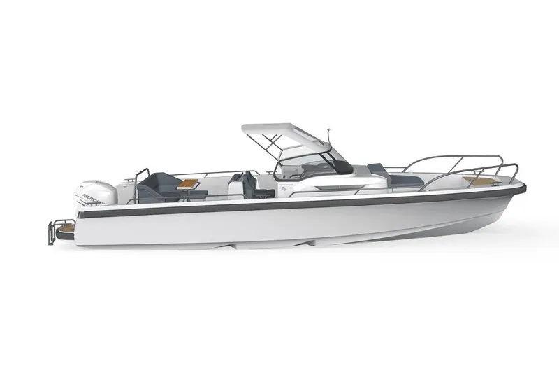 Slide: The Image of 2025 Nimbus Tender 9 boat with cushioned seating and sleek design. - 10