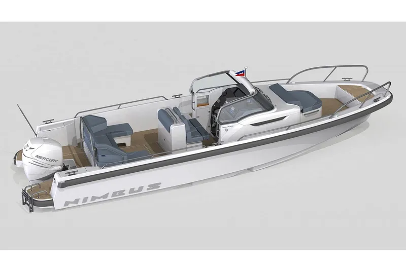 Slide: The Image of Simrad display on 2025 Nimbus Tender 9 boat dashboard, reflecting sunlight. - 13