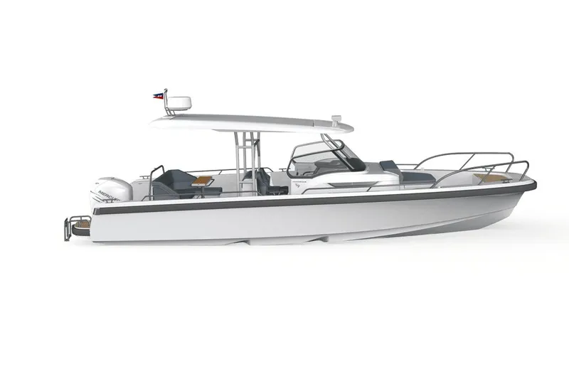 Slide: The Image of Open anchor compartment on 2025 Nimbus Tender 9 boat, showcasing storage and chain mechanism. - 9