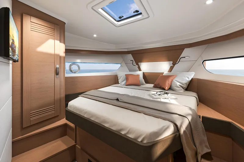 Slide: The Image of Luxurious cabin interior of 2026 Beneteau Swift Trawler 37 FLY with modern design. - 13