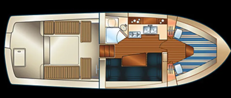 Slide: The Image of 2005 Mainship 34 Pilot Sedan Rum Runner II floor plan, featuring cabin and deck layout. - 50