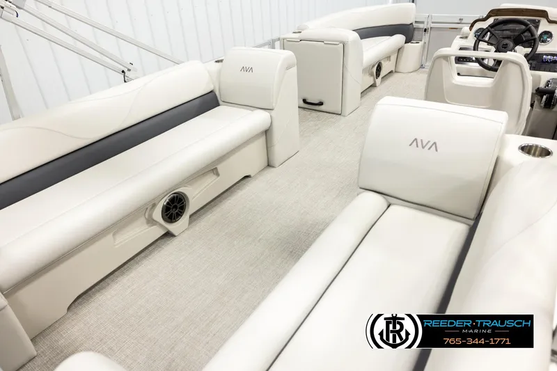 Slide: The Image of Luxurious interior of 2026 Avalon VLS QL pontoon boat with plush seating and modern design. - 12