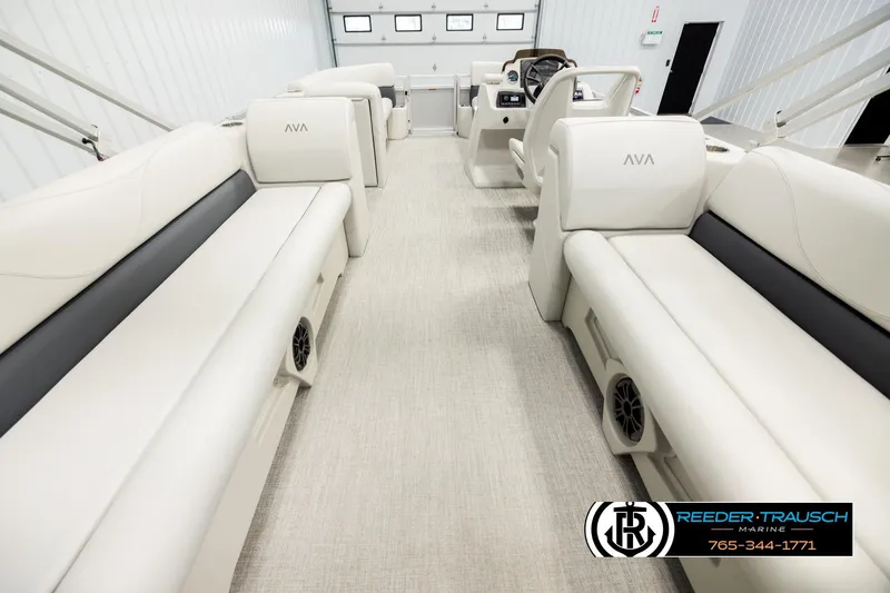 Slide: The Image of Luxurious interior of 2026 Avalon VLS QL pontoon boat with plush seating. - 16