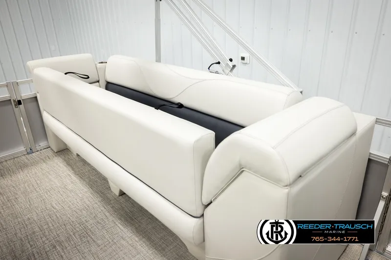 Slide: The Image of Luxurious white seating on 2026 Avalon VLS QL boat, indoor showroom display. - 21