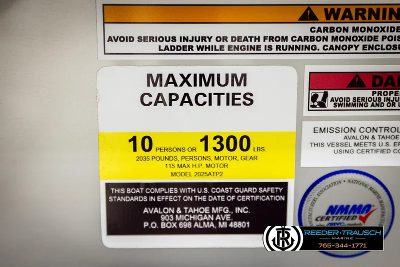 Slide: The Image of Maximum capacity label for Avalon VLS QL 2026 boat, 10 persons or 1300 lbs. - 49