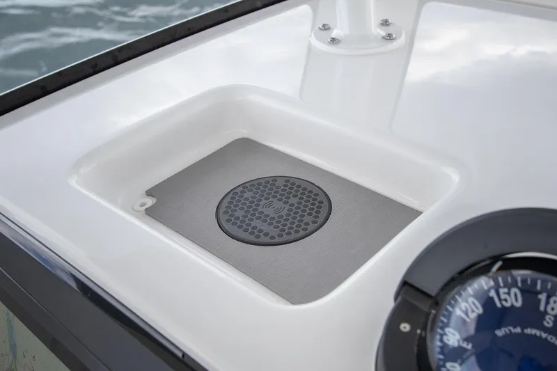 Slide: The Image of 2026 Regulator 28 boat with twin Yamaha 350 V6 4.3L engines in a workshop. - 6