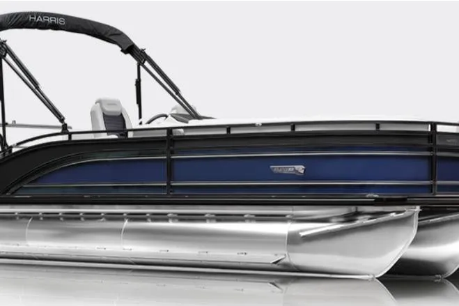 The Image of 2026 Harris FloteBote Solstice 250 SL pontoon boat, sleek design with blue and silver accents. - 0