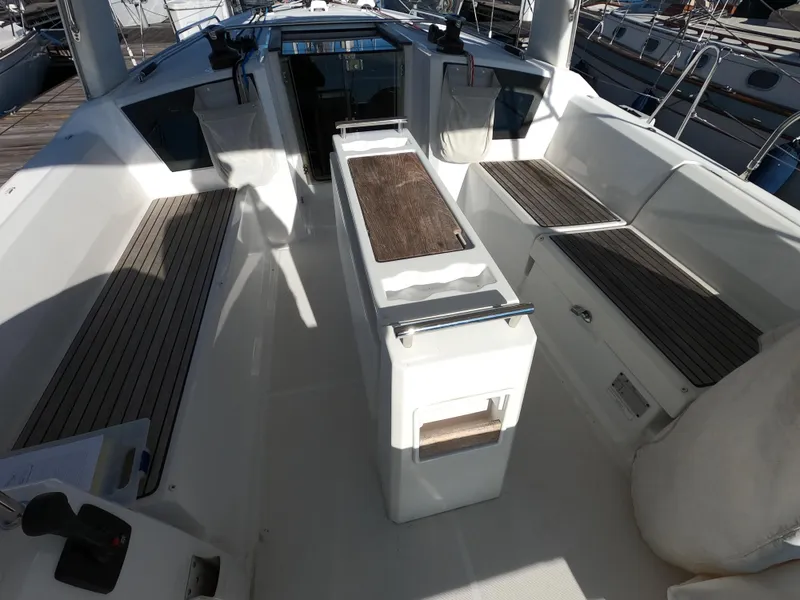 Slide: The Image of Beneteau Oceanis 38.1 cockpit, 2021 model, featuring sleek seating and modern design. - 7