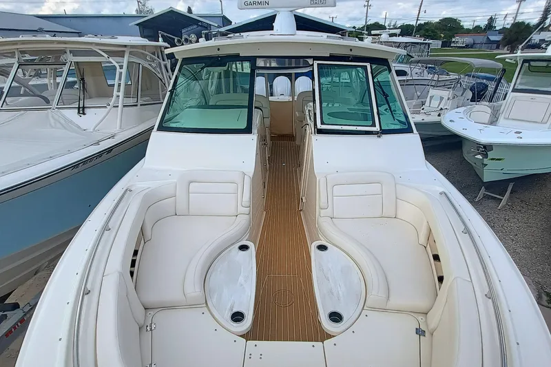 Slide: The Image of 2021 Grady-White Freedom 375 boat with spacious seating and modern design. - 22