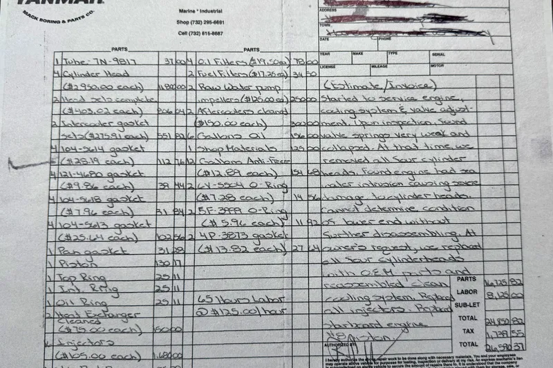 Slide: The Image of Invoice detailing parts and labor for 2001 Cabo 35 Express engine service and repairs. - 48