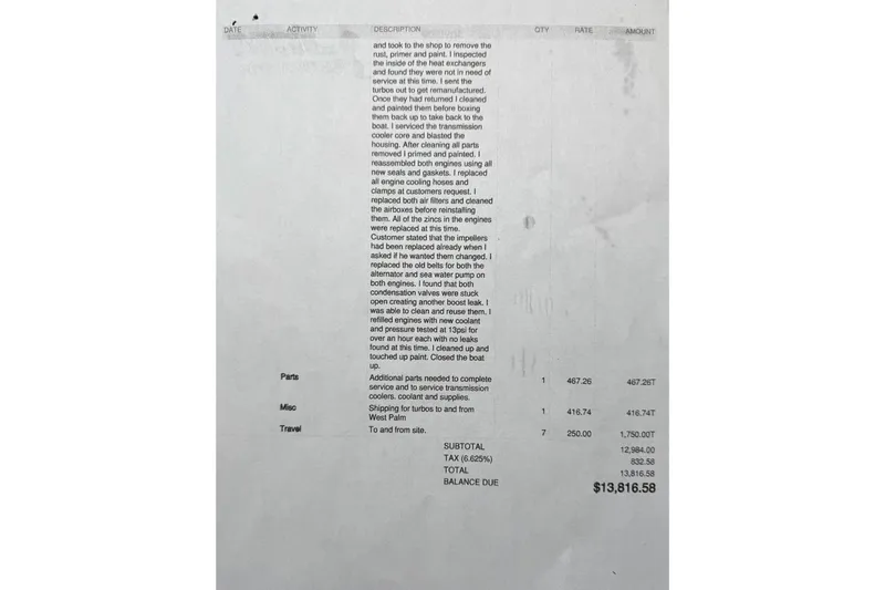 Slide: The Image of Invoice detailing repairs and services for a 2001 Cabo 35 Express boat, totaling $13,816.58. - 50