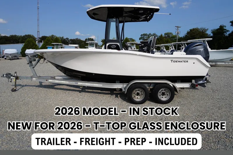 The Image of 2026 Tidewater 210 LXF boat with T-Top glass enclosure on trailer at Jim's Marine. - 0