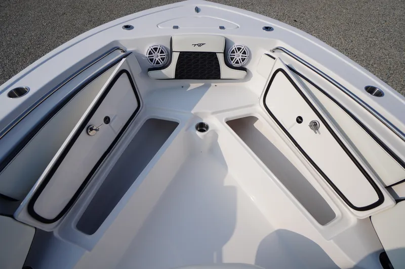 Slide: The Image of 2026 Tidewater 210 LXF boat interior with storage compartments and speakers. - 6